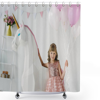 Personality  Adorable Little Kid Holding Bunch Of Air Balloons And Standing With Decorative Unicorn  Shower Curtains