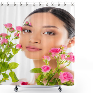 Personality  Portrait Of Young Asian Woman With Floral Decor On Face Near Pink Roses Isolated On White Shower Curtains