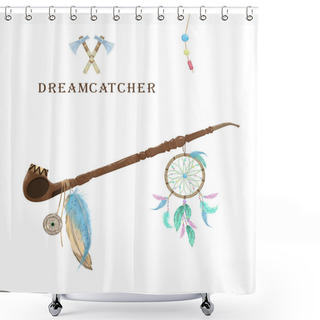 Personality  Pipe Of Peace With Dreamcatcher, Feathers And Amulet Digital Clip Art. Ceremonial Native American Pipe. Color Set. Two Axe. Boho Style On White Background Shower Curtains