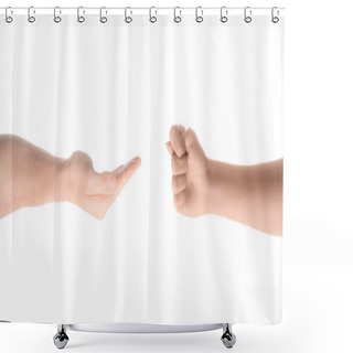 Personality  Cropped View Of One Hand With Fig Gesture And Other One Asking For Money Isolated On White  Shower Curtains