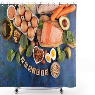 Personality  Healthy Eating And Diet Concept - Natural Rich In Protein Food On Table With Wooden Letter Protein Shower Curtains