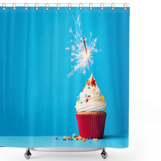 Personality  Cupcake With Sparkler On Blue Shower Curtains