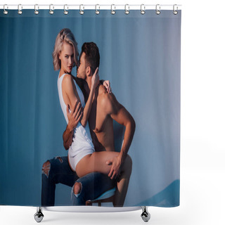 Personality  Passionate Heterosexual Couple Sitting On Chair And Hugging On Dark Blue Background Shower Curtains