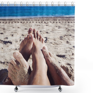 Personality  Men Playing Footsie On The Beach Shower Curtains