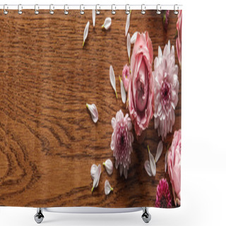 Personality  Top View Of Blooming Pink Spring Flowers And Petals On Wooden Background, Panoramic Shot Shower Curtains