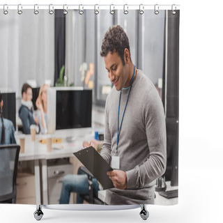 Personality  Happy African American Man With Name Tag Writing Something On Planchette At Modern Office Shower Curtains