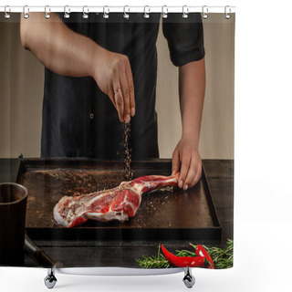 Personality  Male Chef Rubbing Raw Lamb Shanks With Salt And Pepper On Stone Tray On Wooden Table. Chef Cooking Appetizing Shank Of Lamb. Shower Curtains
