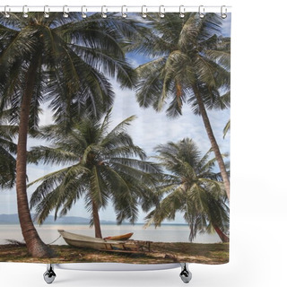 Personality  Palm Trees At Tropical Seashore With Boat Standing On Ground Shower Curtains
