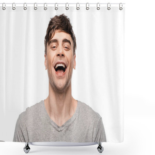 Personality  Cheerful Young Man Laughing While Looking At Camera Isolated On White Shower Curtains