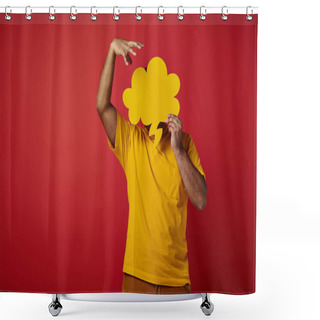 Personality  Man In Bright Yellow T-shirt Hiding Behind Blank Speech Bubble And Gesturing On Red Background Shower Curtains