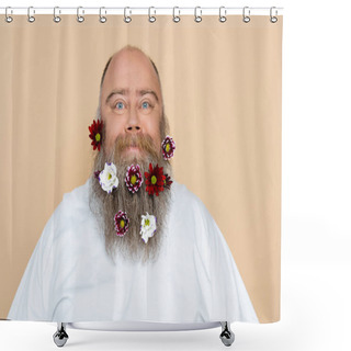 Personality  Positive Overweight Man With Floral Decor In Beard Looking At Camera Isolated On Beige Shower Curtains
