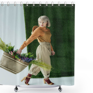 Personality  Beautiful Stylish Young Woman Holding Bag With Fern And Flowers On White With Green Grass  Shower Curtains