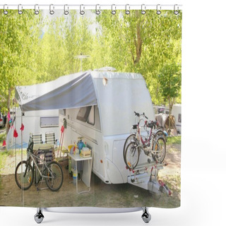 Personality  Camping Camper Caravan Trees Park Bicycles Shower Curtains