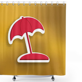 Personality  Umbrella And Sun Lounger Sign. Vector. Magenta Icon With Darker Shadow, White Sticker And Black Popart Shadow On Golden Background. Shower Curtains