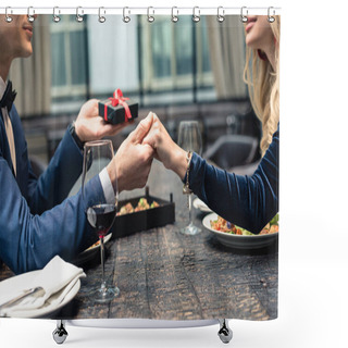 Personality  Cropped Shot Of Of Man Presenting Valentines Day Gift To Girlfriend At Restaurant Shower Curtains