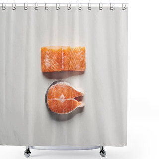 Personality  Top View Of Raw Salmon Steaks On White Marble Surface Shower Curtains