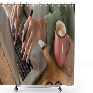 Personality  Partial View Of African American Woman Holding Pen While Typing On Laptop Keyboard, Banner Shower Curtains