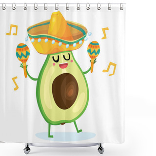 Personality  Vector Illustration Of Colorful Sticker For Mexico Theme. Vector Avocado Sticker In Hat With Maracas Shower Curtains