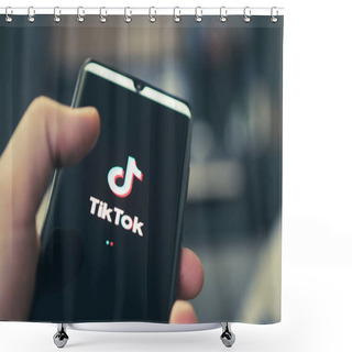 Personality  The Logo Of Tik Tok - A Popular Application For Watching Videos On A Black Smartphone. Barnaul. Russia. February 4, 2021 Shower Curtains