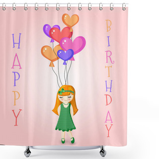 Personality  Vector Illustration Of A Girl Holding Birthday Balloons Shower Curtains