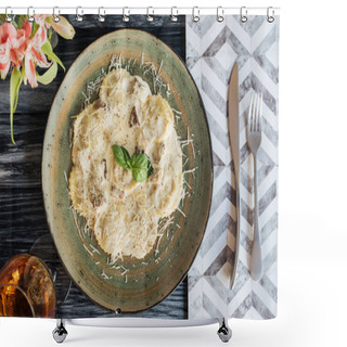 Personality  Top View Of Gourmet Italian Ravioli On Plate And Fork With Knife On Wooden Table Shower Curtains
