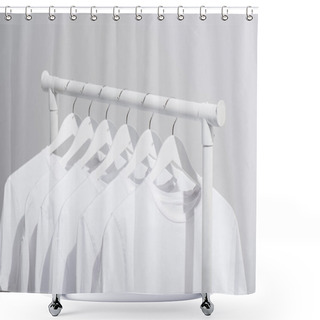 Personality  Collection Of Trendy White T-shirts Hanging On Clothes Rack Isolated On Grey  Shower Curtains