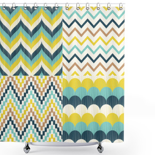 Personality  Vector Set Of Four Teal, Aqua And Yellow Chevron Seamless Patterns. Repeated Braid & Scallop Backgrounds Shower Curtains