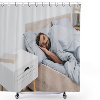 Personality  Bearded African American Man With Closed Eyes Sleeping In Bed Near Bedside Table With Book Shower Curtains