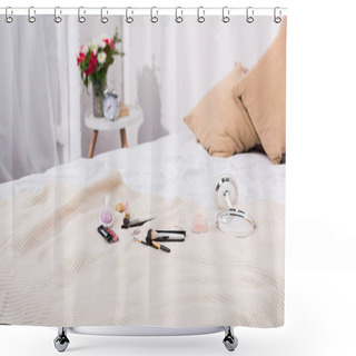 Personality  Close-up Shot Of Makeup Supplies Lying On Bed Shower Curtains