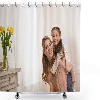 Personality  Beautiful Happy Mother And Daughter Piggybacking And Smiling At Camera Shower Curtains