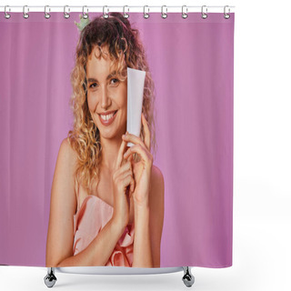 Personality  Happy Blonde Woman With Curly Hair In Tooth Fairy Costume And Headband Holding Tooth Paste Shower Curtains