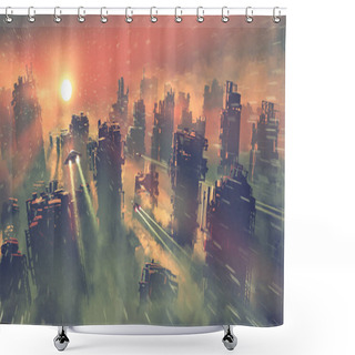 Personality  Post Apocalypse Scenery Showing Of Spaceships Flying Above Abandoned Skyscrapers, Digital Art Style, Illustration Painting Shower Curtains