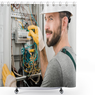 Personality  Handsome Cheerful Electrician Repairing Electrical Box And Using Screwdriver In Corridor Shower Curtains