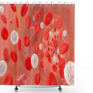 Personality  Red And White Blood Cells And Platelets Flowing Through A Vessel Or A Vein. Medical And Microbiology 3d Rendering Illustration. Shower Curtains