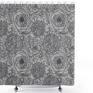 Personality  Seamless Pattern With Roses Flower Hand Drawn In Lines. Black And White Monochrome Graphic Doodle Elements. Isolated Vector Illustration, Template For Design Shower Curtains