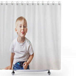 Personality  Little Boy Teasing, Showing Tongue And Makes A Face, On White Ba Shower Curtains