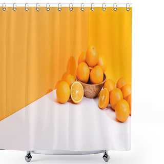 Personality  Fresh Ripe Oranges In Bowl On White Surface On Orange Background Shower Curtains