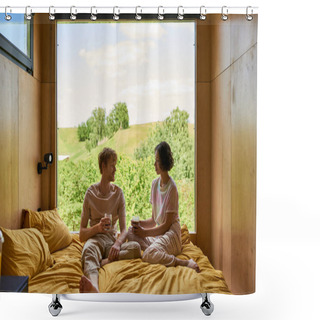 Personality  Happy Diverse Couple Holding Cups Of Coffee And Sitting On Bed Next To Window With Beautiful View Shower Curtains