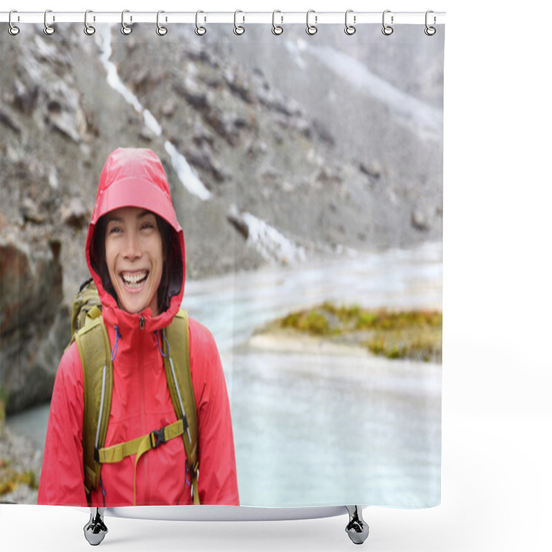 Personality  Woman Hiking With Backpack In Rain Shower Curtains