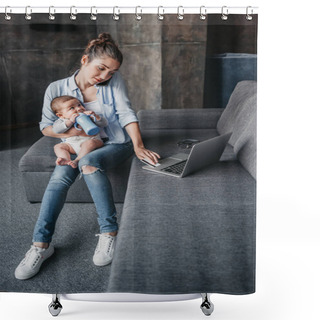 Personality  Mother With Her Son Remote Working  Shower Curtains