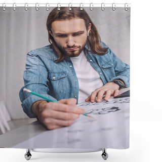 Personality  Selective Focus Of Bearded Illustrator Drawing Cartoon Sketches On Paper  Shower Curtains