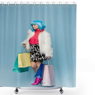 Personality  Pretty Asian Woman In Bright Wig Holding Colorful Shopping Bags On Blue Background  Shower Curtains