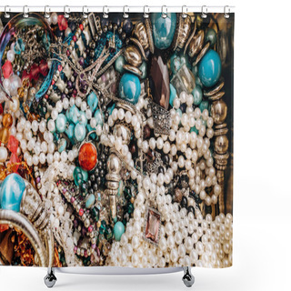 Personality  Beads And Necklaces Made Of Colored Semi Precious Stones. Background From A Variety Of Beautiful Jewelry, Multi-colored Turquoise Stones, Amber, Cat's Eye, Pearls. Shower Curtains