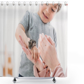 Personality  Cropped View Of Woman With Adorable Son Holding Cute Fluffy Hamster Shower Curtains