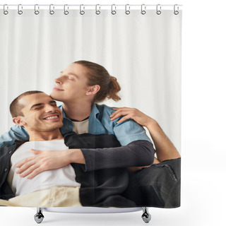 Personality  Two Men Sitting Intertwined On Top Of Each Other In A Loving Embrace. Shower Curtains