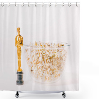 Personality  KYIV, UKRAINE - JANUARY 10, 2019: Shiny Oscar Award With Popcorn Bowl On White Background Shower Curtains