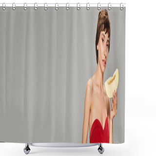 Personality  A Stylish Woman In A Red Dress Gracefully Holding Mango. Shower Curtains
