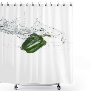 Personality  Green Whole Bell Pepper With Clear Water Splash Isolated On White Shower Curtains