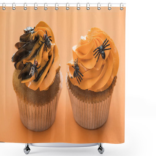 Personality  Scary Halloween Cupcakes With Flies And Spiders On Orange Background Shower Curtains