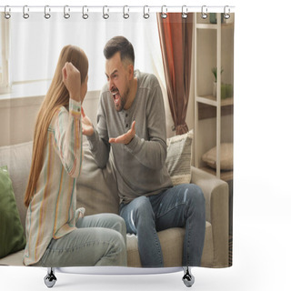 Personality  Angry Young Couple Quarreling At Home. Domestic Violence Concept Shower Curtains